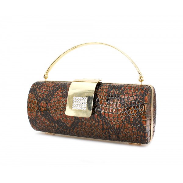 Evening Bag - Snake Skin Embossed Clutch w/Crystal Stones Accent Metal Flap Closure - Brown - BG-HPR377BR